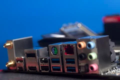 Computer component backpanel USB Audio,Ethernet Connector USB 3,0, HDMI Stock Photos