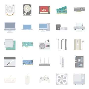 Computer components and peripherals flat icons set 스톡 일러스트