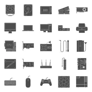 Computer components and peripherals silhouettes icons set Stock Illustration