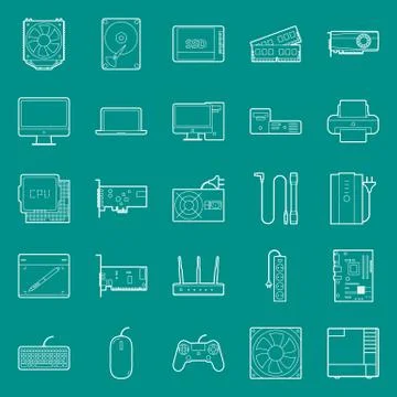 Computer components and peripherals thin lines icons set Stock Illustration
