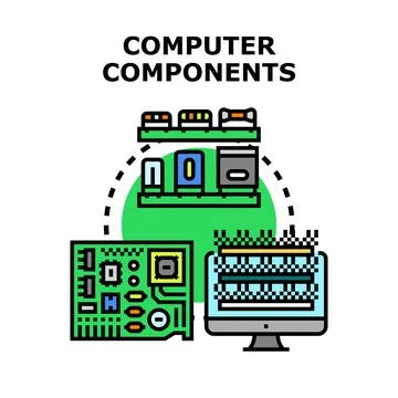 Computer components assembling and connecting technology system Stock Illustration
