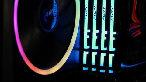 Computer components glow in different colors Stockbeeldmateriaal 245645936