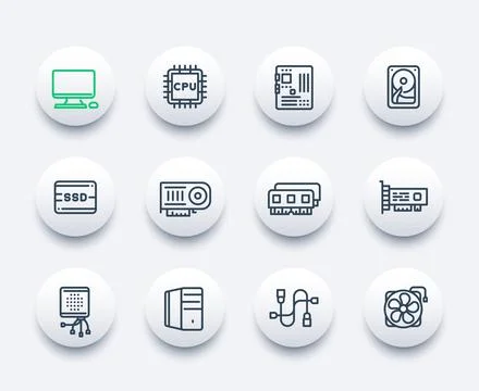Computer components icons, motherboard, CPU, RAM, video card, HDD, SSD, fan,  Illustrazione stock