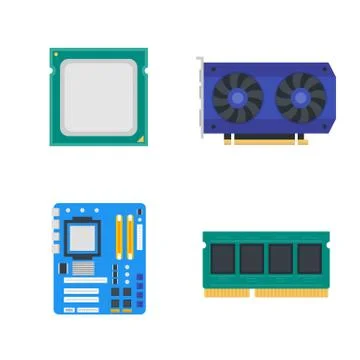 Computer components icons, motherboard, memory, video card, CPU, vector illus Stock Illustration