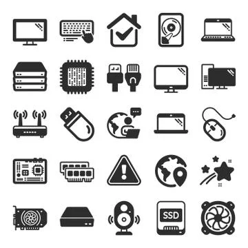 Computer components icons. Set of Motherboard, CPU and Internet, usb cables Illustrazione stock