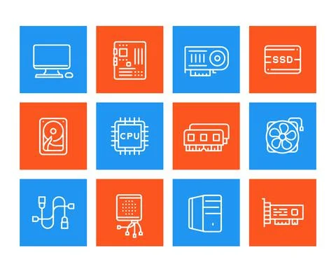 Computer components icons set, motherboard, processor, RAM, HDD, SSD, video c Illustrazione stock