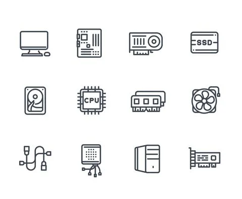 Computer components icons on white, processor, motherboard, RAM, video card,  Stock Illustration