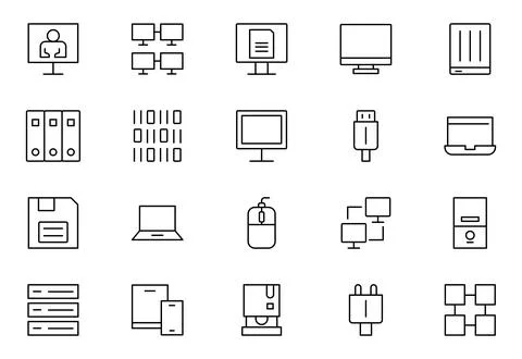 Computer components line icon set. Containing online, computer, network, we.. Illustrazione stock
