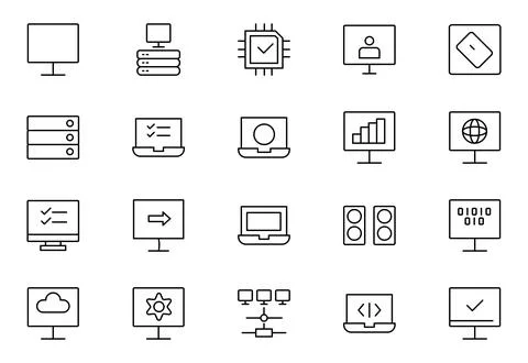 Computer components line icon set. Containing online, computer, network, we.. Illustrazione stock