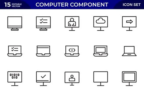 Computer components line icon set. Containing online, computer, network, we.. Stock Illustration