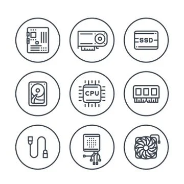 Computer components line icons in circles on white, processor, motherboard, R Stock-Illustration