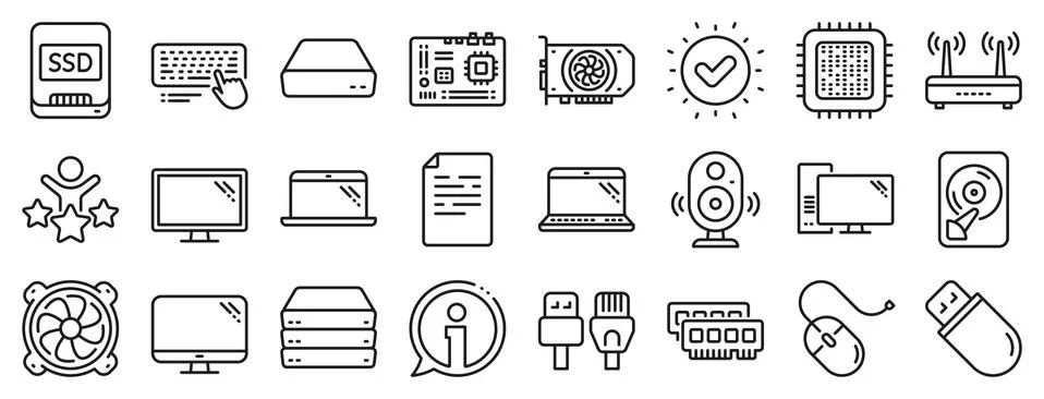 Computer components line icons. Set of Motherboard, CPU and Internet, usb cables Illustrazione stock