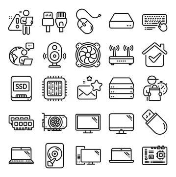 Computer components line icons. Set of Motherboard, CPU and Internet, usb cables 스톡 일러스트