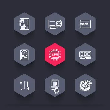 Computer components line icons set, motherboard, memory, video card, HDD, CPU Stock Illustration
