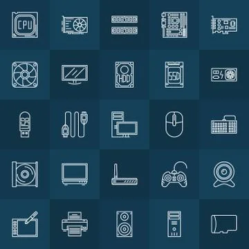 Computer components linear icons Stock Illustration