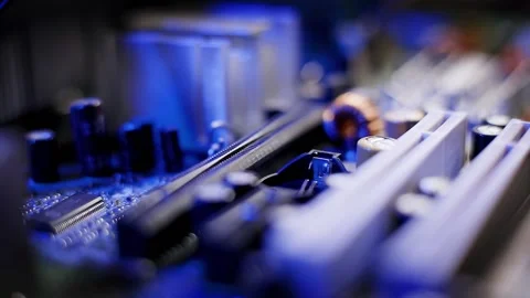 Computer components. Motherboard with blue light Stock Footage 176841702