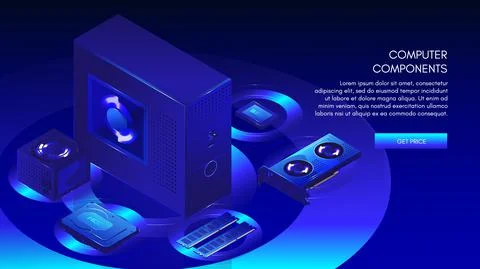 Computer components needed to build custom desktop PC, web banner template Stock Illustration