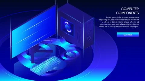Computer components web banner template, vector isometric illustration. Gaming Stock Illustration