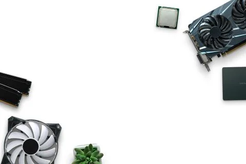 Computer components on a white desk. Graphic card, SSD, processor, RAM, coole 写真素材