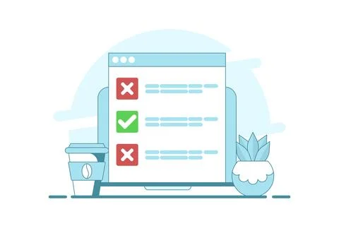 Computer concept with checklist. computer with check mark and cross. Stock Illustration
