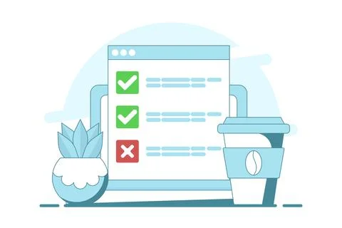 Computer concept with checklist. computer with check mark and cross. Stock Illustration