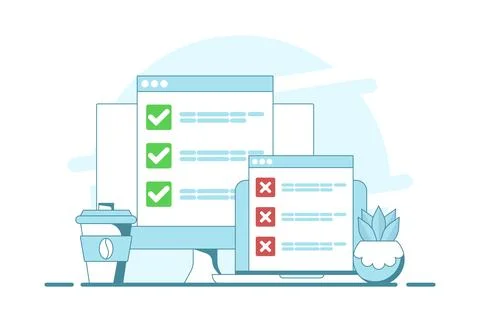 Computer concept with checklist. computer with check mark and cross. Stock Illustration