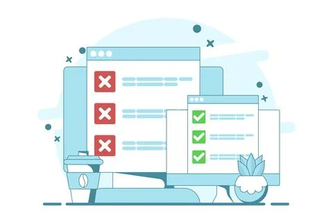 Computer concept with checklist. computer with check mark and cross. Stock Illustration