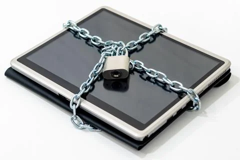 Computer concept Network Security Lock system entry key and chain. Stock Photos