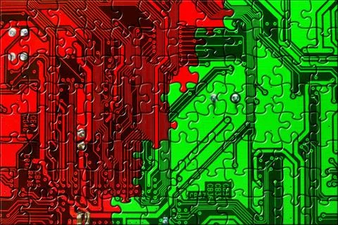 Computer conceptual background Computer board made of puzzle, technology c... Foto stock