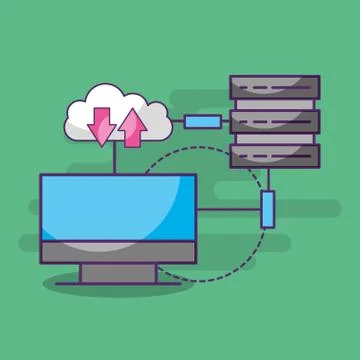 Computer connected data base server cloud download and upload 스톡 일러스트