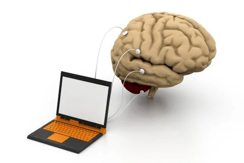 Computer connected to a human brain. Illustrazione stock