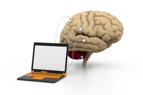 Computer connected to a human brain. 库存插图