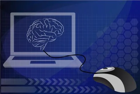 A computer connected to a human brain, vector. Stock Illustration