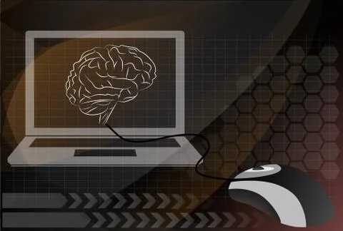 A computer connected to a human brain, vector. Stock Illustration