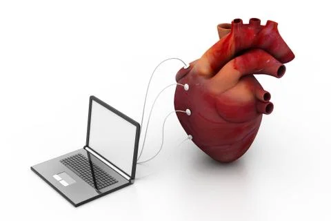 Computer connected to a human heart. Stock Illustration