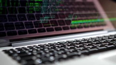 Computer Console Programming Hacking Code Displayed on Laptop Screen Foto stock