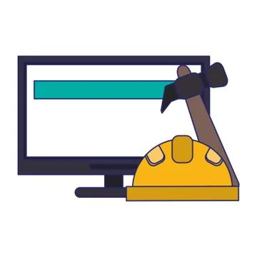 Computer with construction hat and hammer blue lines Stock Illustration