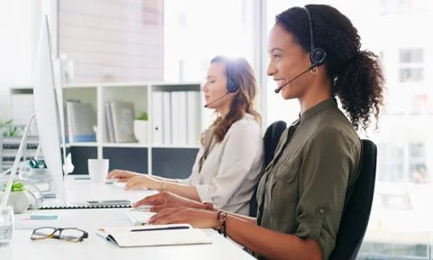 Computer, contact or people with headset in office, online help desk or gui.. Stock Photos