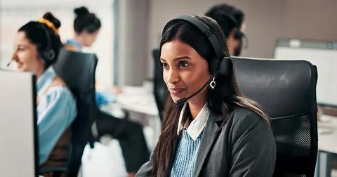 Computer, contact us and happy woman in call center for customer service, h.. Stock Photos