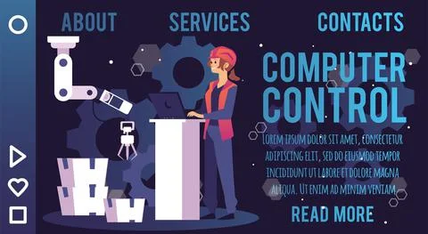 Computer control of smart factory equipment website, flat vector illustration. Stock Illustration