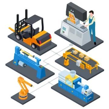 Computer controls production, factory automation processes isometric vector Stock Illustration