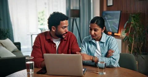 Computer, conversation and couple in home with online banking for property .. Stock Photos