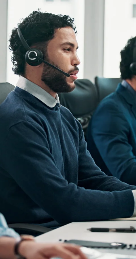 Computer, conversation and headset with man in call center for feedback, problem Stock Footage 327907838