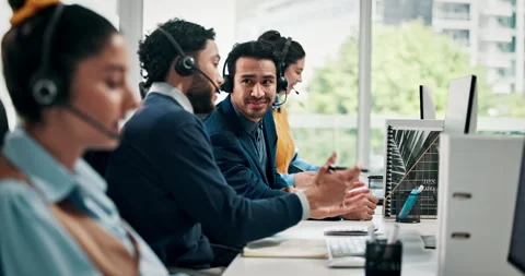 Computer, conversation and training with business people in call center for Stock Footage 321824894