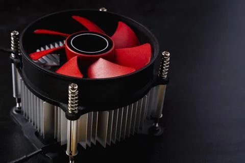 Computer cooler, close-up of a computer processor cooler on a black backgroun Fotos de archivo