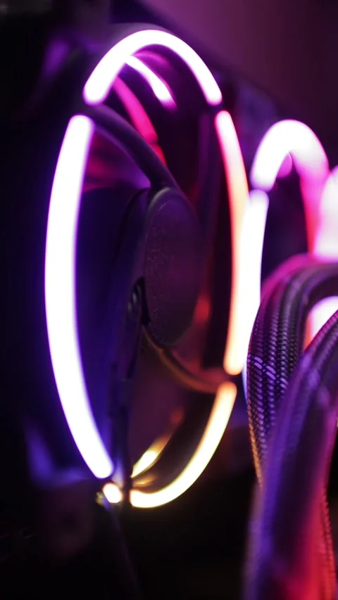 Computer Cooler On A Graphic Card. Modern gaming computer with illumination Stock Footage 274879706