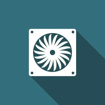 Computer cooler icon isolated with long shadow. PC hardware fan. Flat design Illustrazione stock