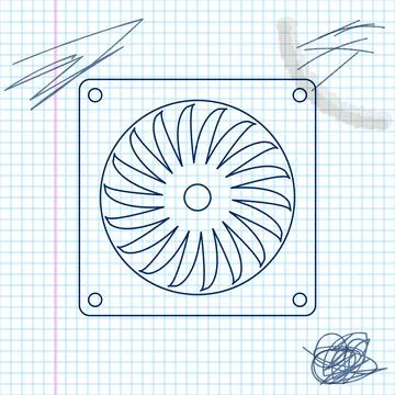 Computer cooler line sketch icon isolated on white background. PC hardware fan Stock Illustration