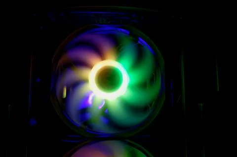 Computer cooler with RGB LED light. Computer circuit board and CPU cooling .. Stock Photos