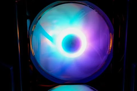 Computer cooler with RGB LED light. Computer circuit board and CPU cooling .. Stock Photos